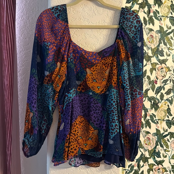 Farm Rio Jungle Cat Print Lined Viscose Bohemian Blouse Size XL - Picture 6 of 6